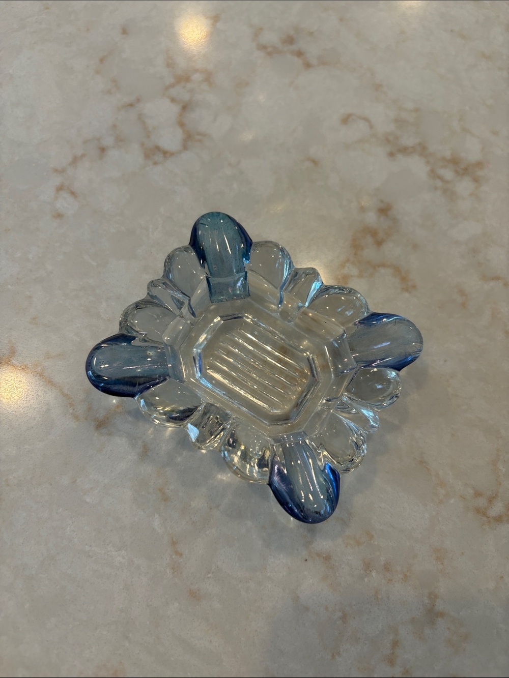 Blue-Trim Clear Glass Decorative mini tray (vintage ash tray)